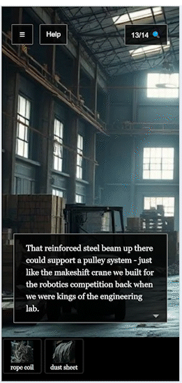 an animated gif depicting a warehouse scene in the game. The player pans over and then drags a “dust sheet” inventory item from the bottom of the screen onto a tarp, producing another inventory item called “makeshift battering”. Then they drag the new inventory item onto a door, which prompts a screen that says “Complete! The makeshift battering ram broke through…”