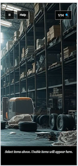 a gif showing a warehouse scene in mobile portrait. The player clicks on a “rope coil” on the ground which disappears from the scene and shows up in their inventory. Then they pan over a small amount and select a “dust sheet” on the shelf to similar effect. A bit of dialogue pops up describing each item as it’s collected.