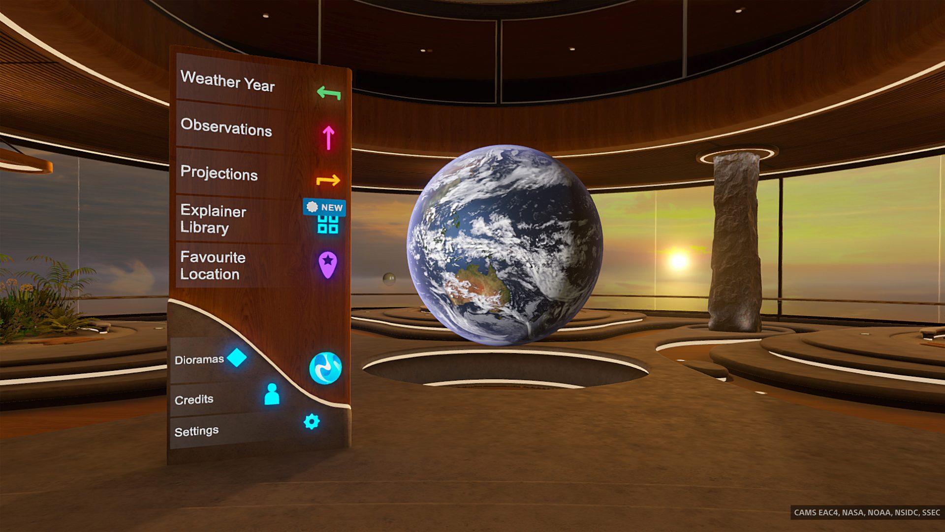 A virtual room with a sign directing the player to different features of the Climate Station app: Weather Year, Observations, Projections, Explainer Library, Favourite Location, Dioramas, Credits and Settings.