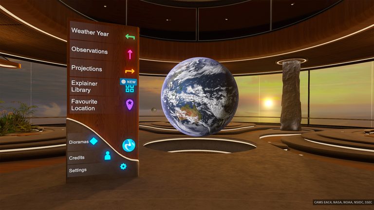 A virtual room with a sign directing the player to different features of the Climate Station app: Weather Year, Observations, Projections, Explainer Library, Favourite Location, Dioramas, Credits and Settings.