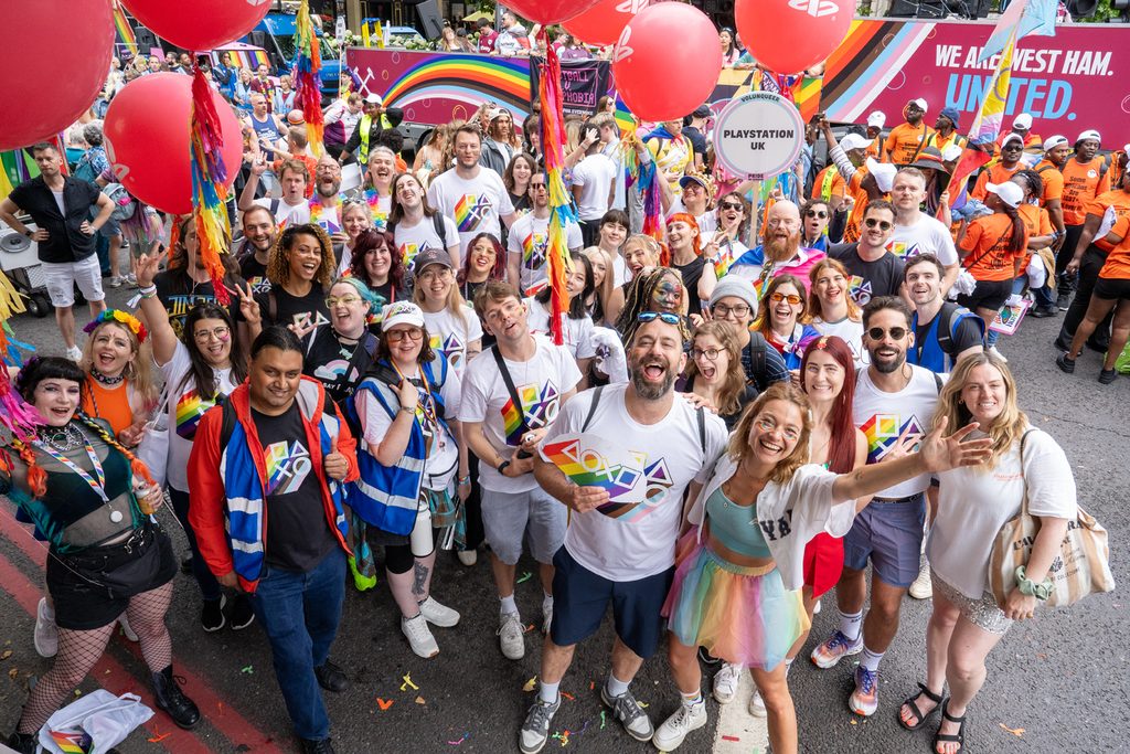 A group photo of London Sony Interactive employees at the London Pride event.