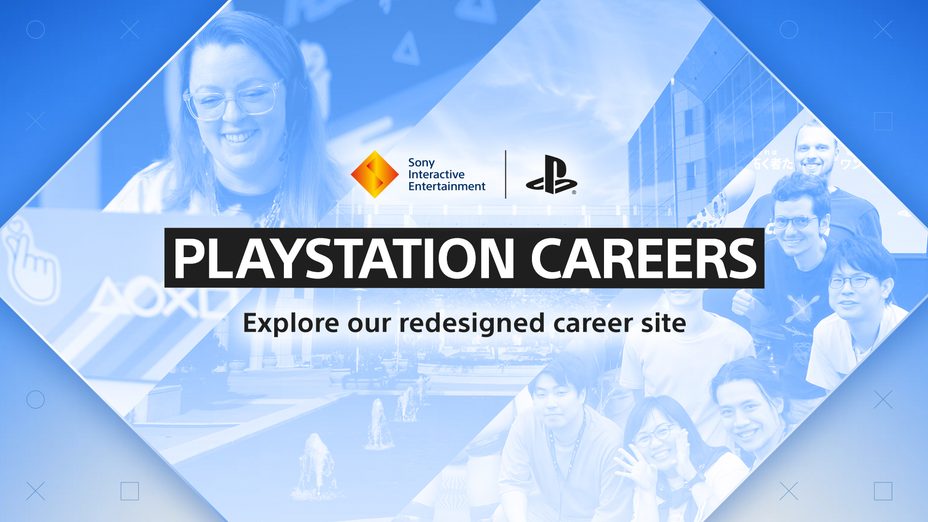 A blue background with images of SIE employees. Overlaid with the SIE and PlayStation logo, and text that reads PlayStation Careers Explore our redesigned career site