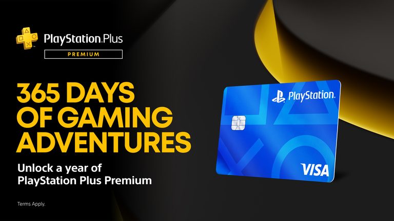 Promotional Image of PlayStation Credit Card. "365 Days of Gaming Adventures" in gold large text. "Unlock a year of PlayStation Premium" underneath in smaller text.