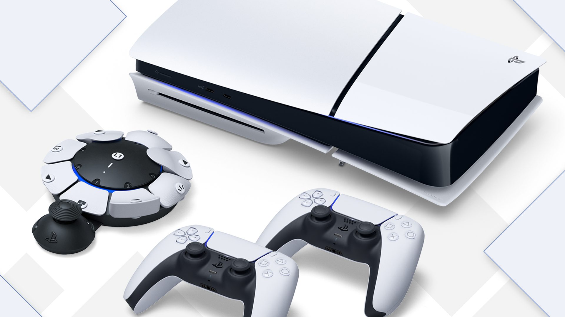 PS5 console with two DualSense controllers and the Access controller on a white background with floating diamond shapes