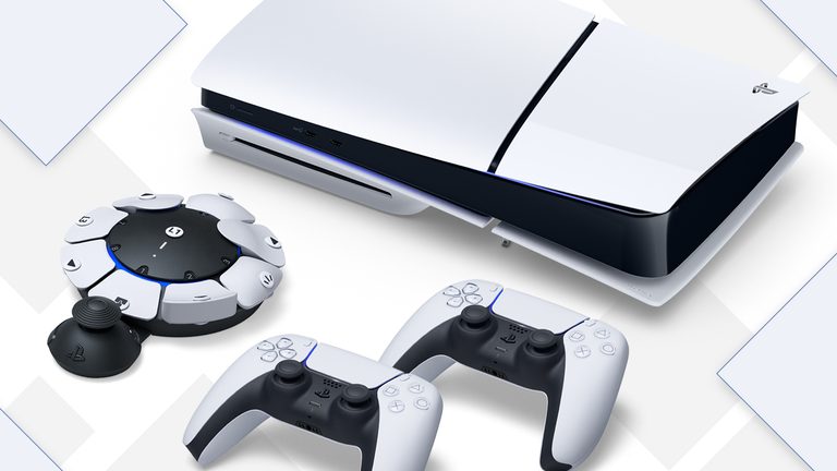 PS5 console with two DualSense controllers and the Access controller on a white background with floating diamond shapes