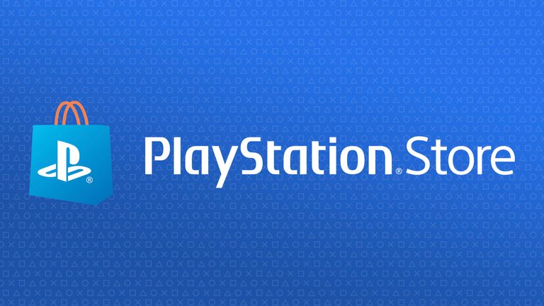 PlayStation Store logo and name on a blue background. The PlayStation shapes are lightly shown in the background in a repeating pattern