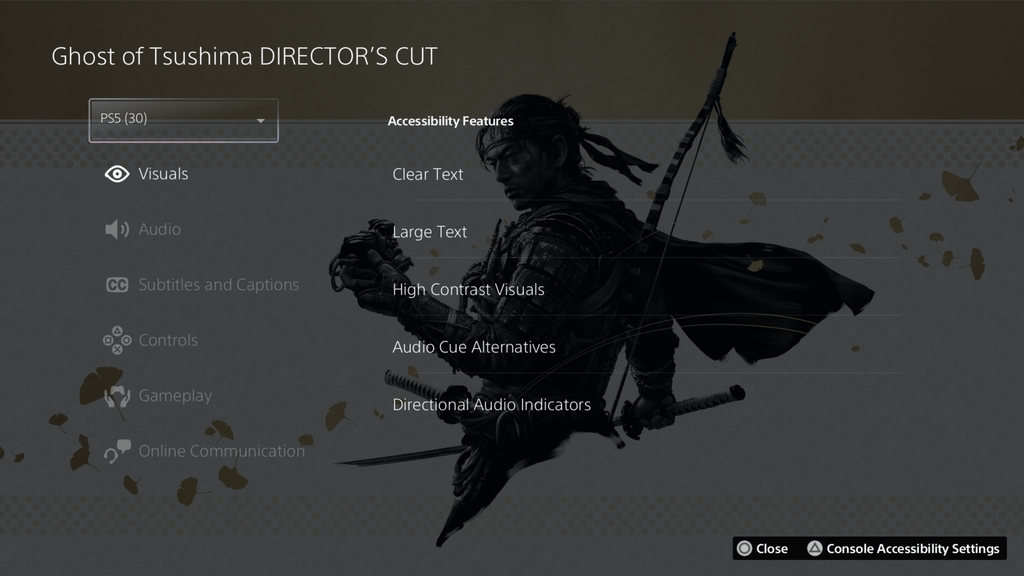 A screenshot of the PS5 UI for Ghost of Tsushima, showcasing some of the accessibility features available in the game. 