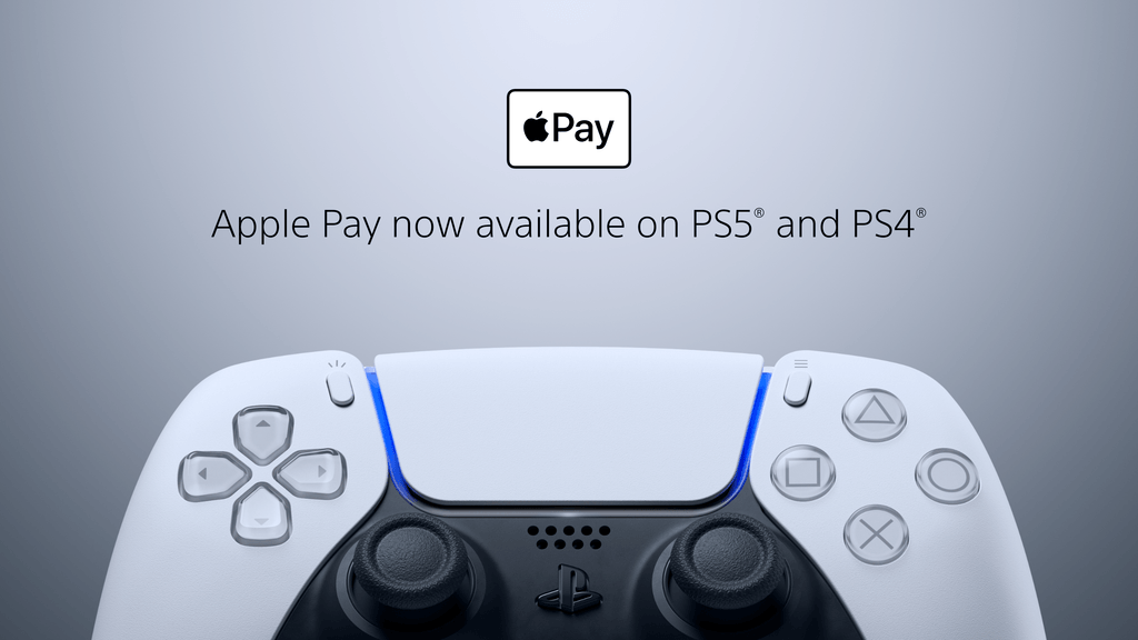 DualSense controller on a gray backround with the Apple Pay logo and text that reads Apple Pay now available on PS5 and PS4