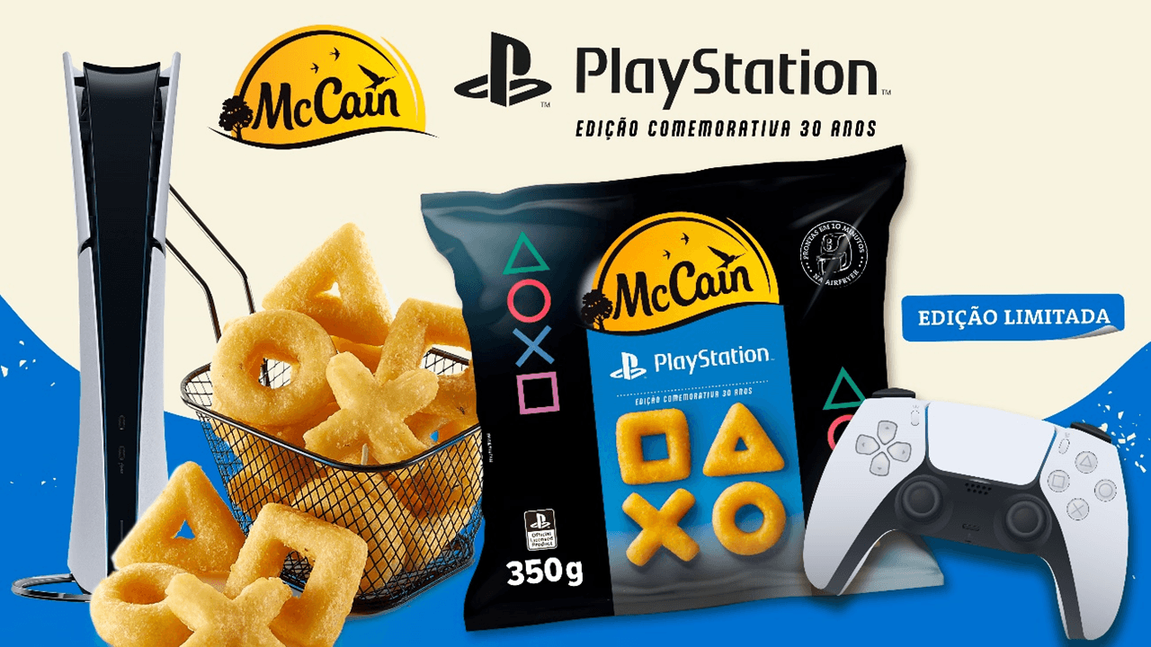 A bag of fried potato snacks in the shapes of PlayStation Shapes (triangle, circle, cross, square)