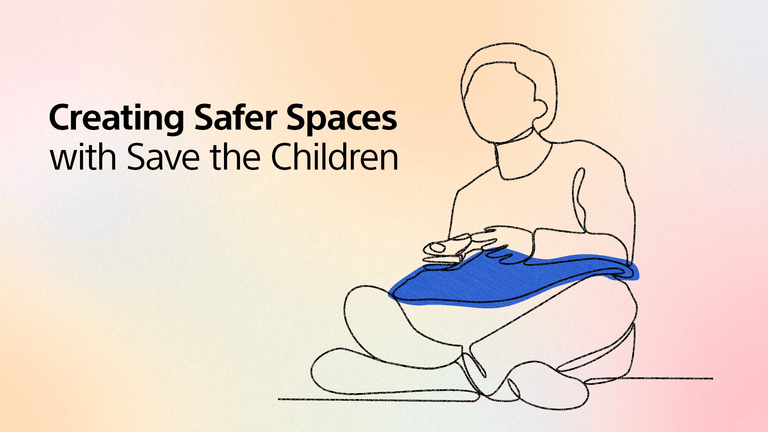 A orange and pink gradient background overlayed with a line art of a child sitting crossed leg with a blue cushion on his lap and a gaming controller in his hands. On the top left corner, text reads Creating Safer Spaces with Save the Children