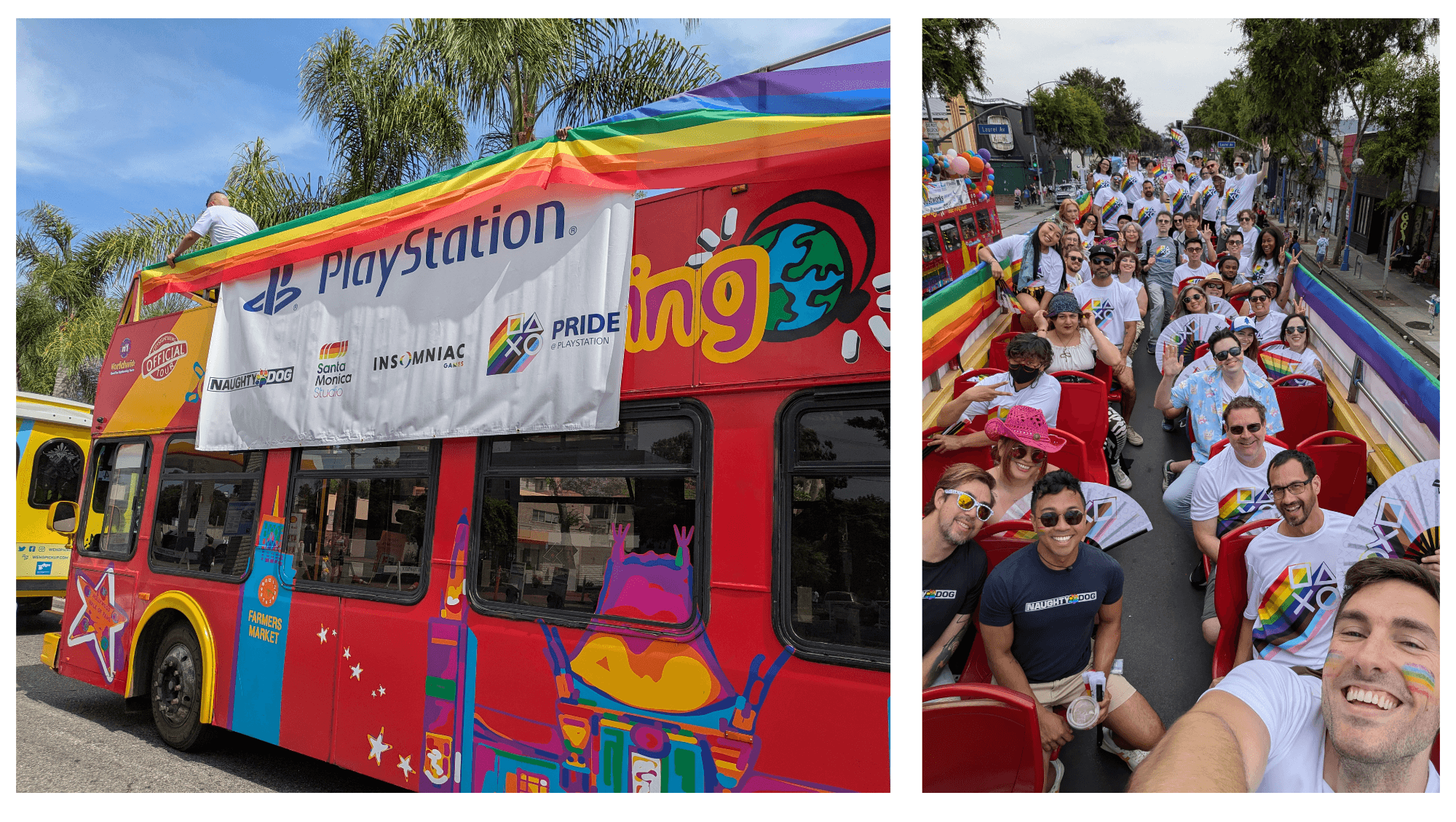 A double-decker bus decorated with a PlayStation logo banner and Sony Interactive employees.